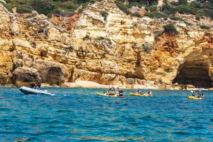 Albufeira: Algarve Kayak and Coastline Tour - Albufeira Marina to Praia do Castelo: how the boat sets your day up