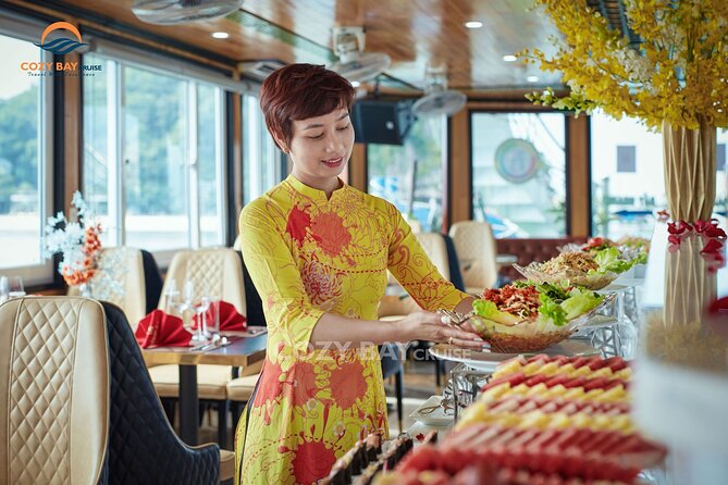 Cozy Bay Halong 5-Star Day Cruise, Buffet, Cave, Kayak, Swimming - Buffet lunch and the onboard sunset party: what’s included and what to expect