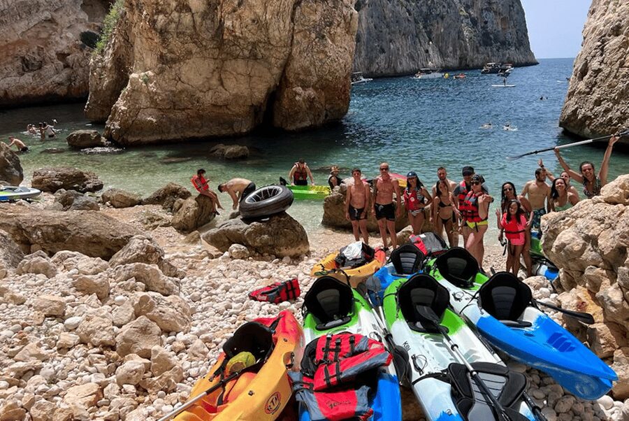 kayak route in granadella javea cave llop marí,cala en caló - Ambolo beach time: white sand and transparent water