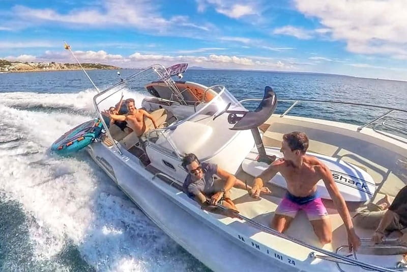 Mallorca: Private Watersports Boat. LUNCH Drinks SUP, Tubing - Portals Vells / Calas del Mago Anchor Time: Lunch, Drinks, and Real Water Play