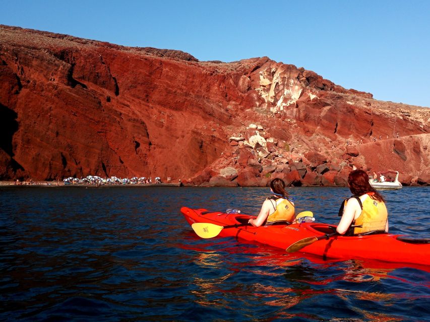 Santorini: Sea Kayaking with Light Lunch - White Beach Cliffs, Kampia Swim Break, and a Real Snack